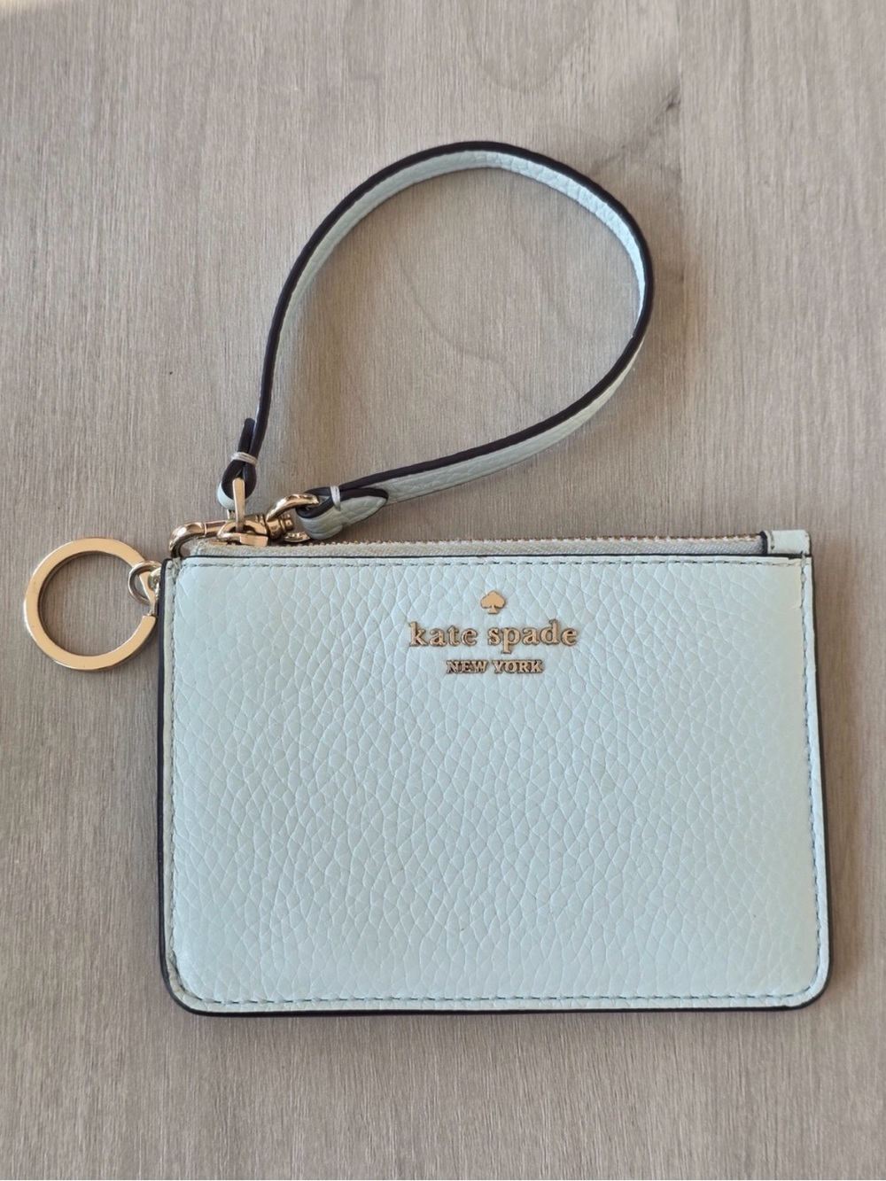 kate spade light blue leather wristlet key card holder with gold hardware